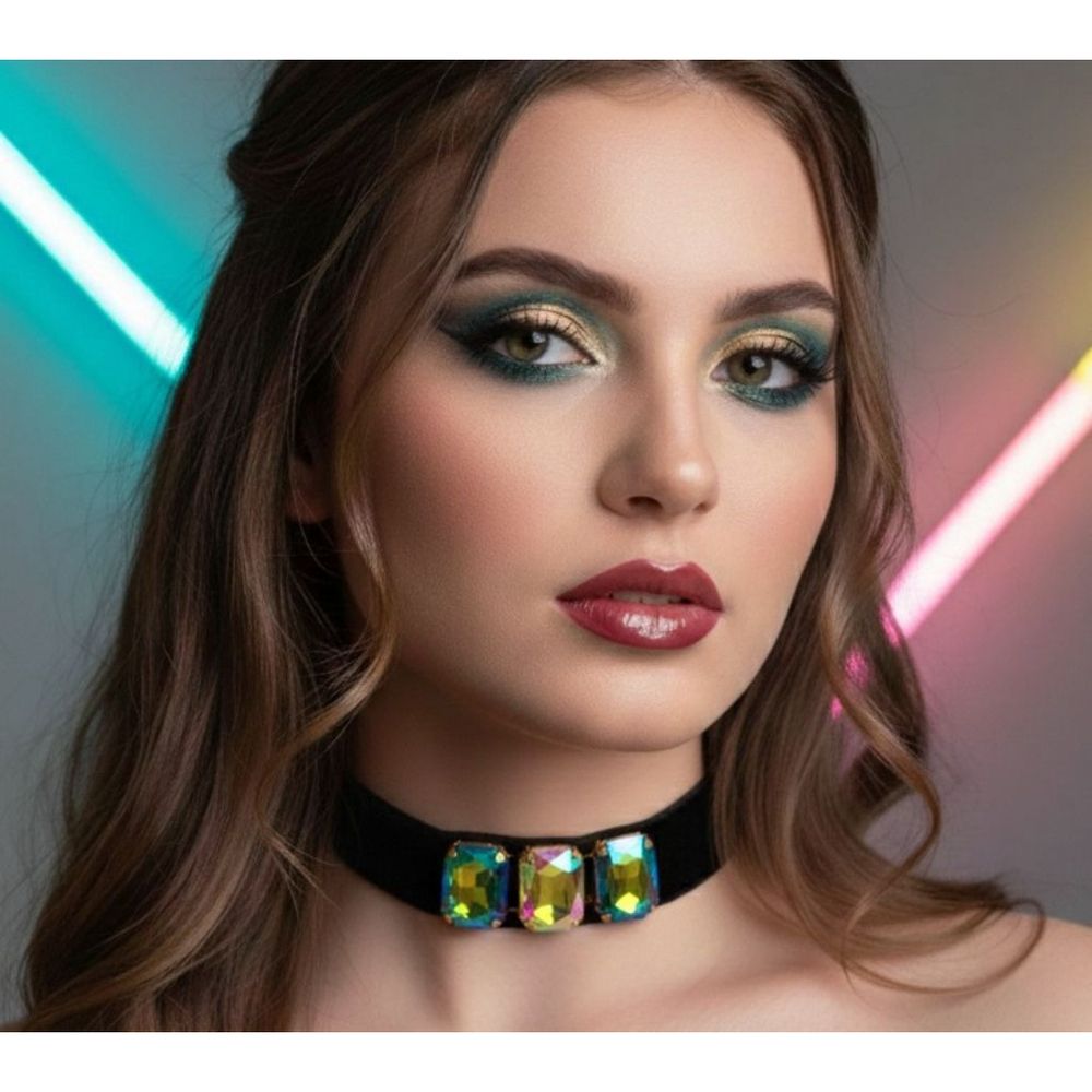 Black Velvet Choker With Triple Aurora BlueGreenYellow Acrylic Stones 26$